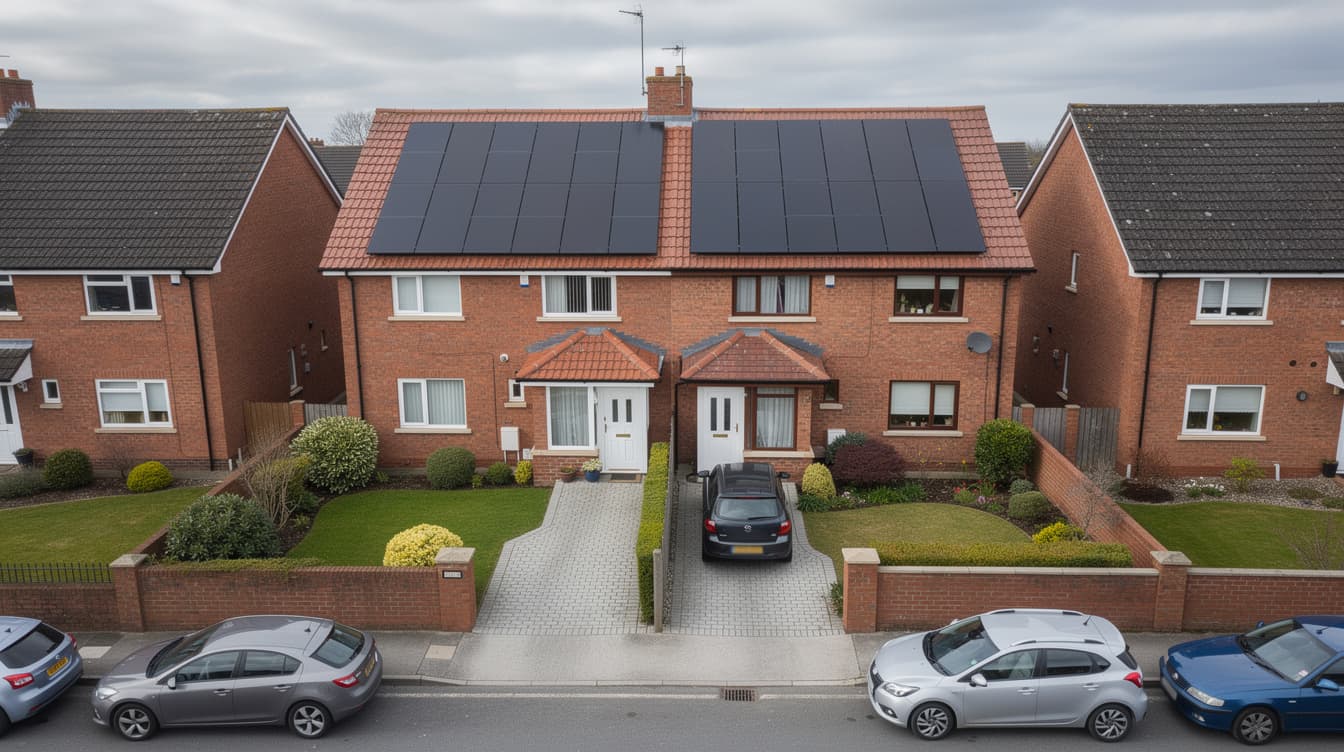 Irish semi-detached 3-bed house with solar panels installed on roof