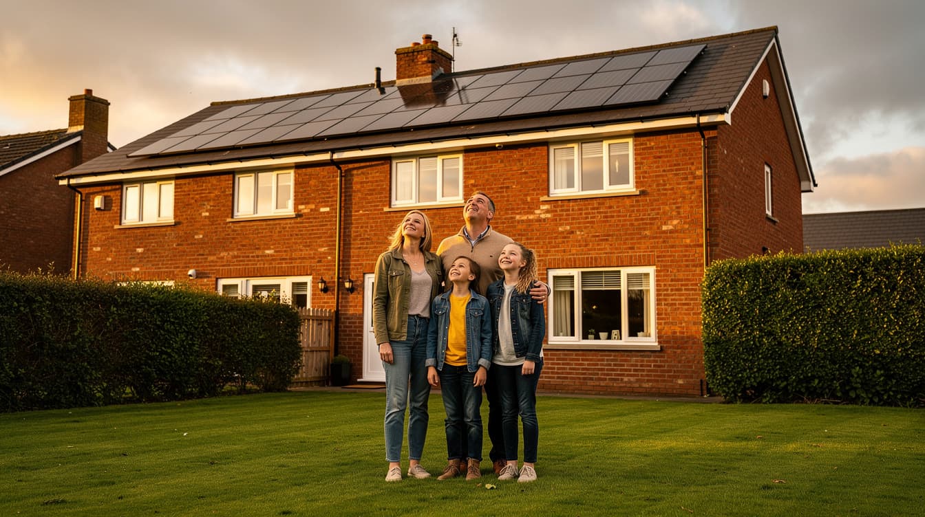 Irish family in front of their home with solar panels on the roof