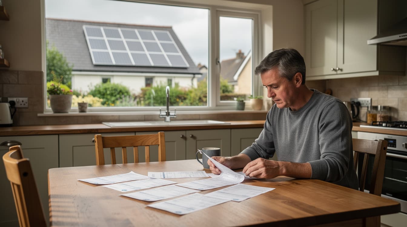 Irish homeowner reviewing electricity bills at kitchen table with solar panels visible on roof through window