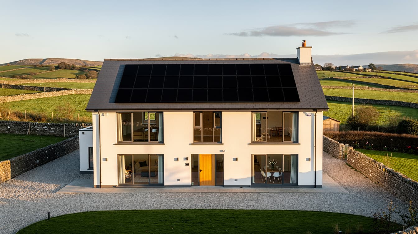 Modern Irish detached home with black monocrystalline solar panels on a slate roof in golden morning light