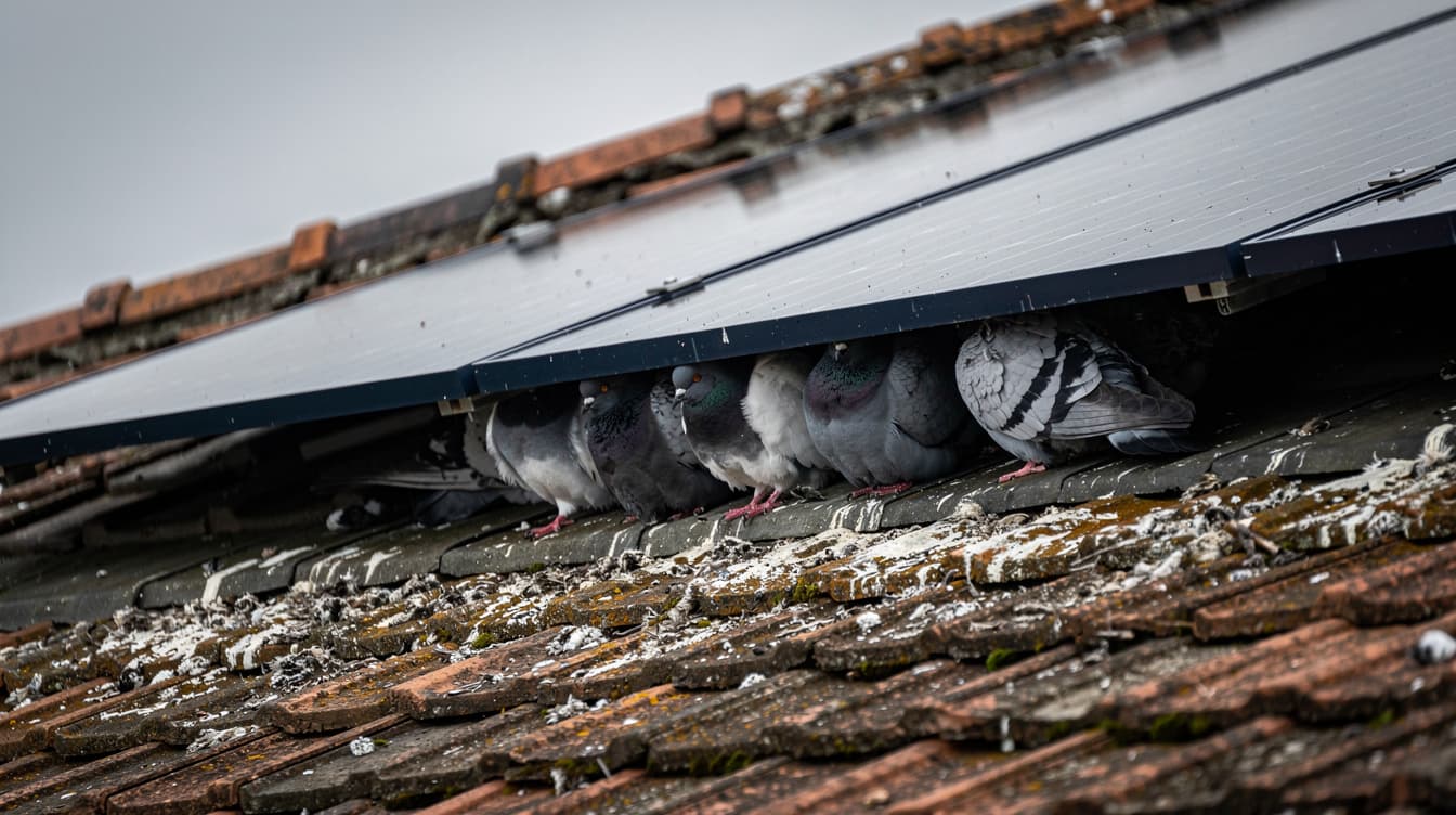 Pigeons nesting under solar panels on an Irish house roof