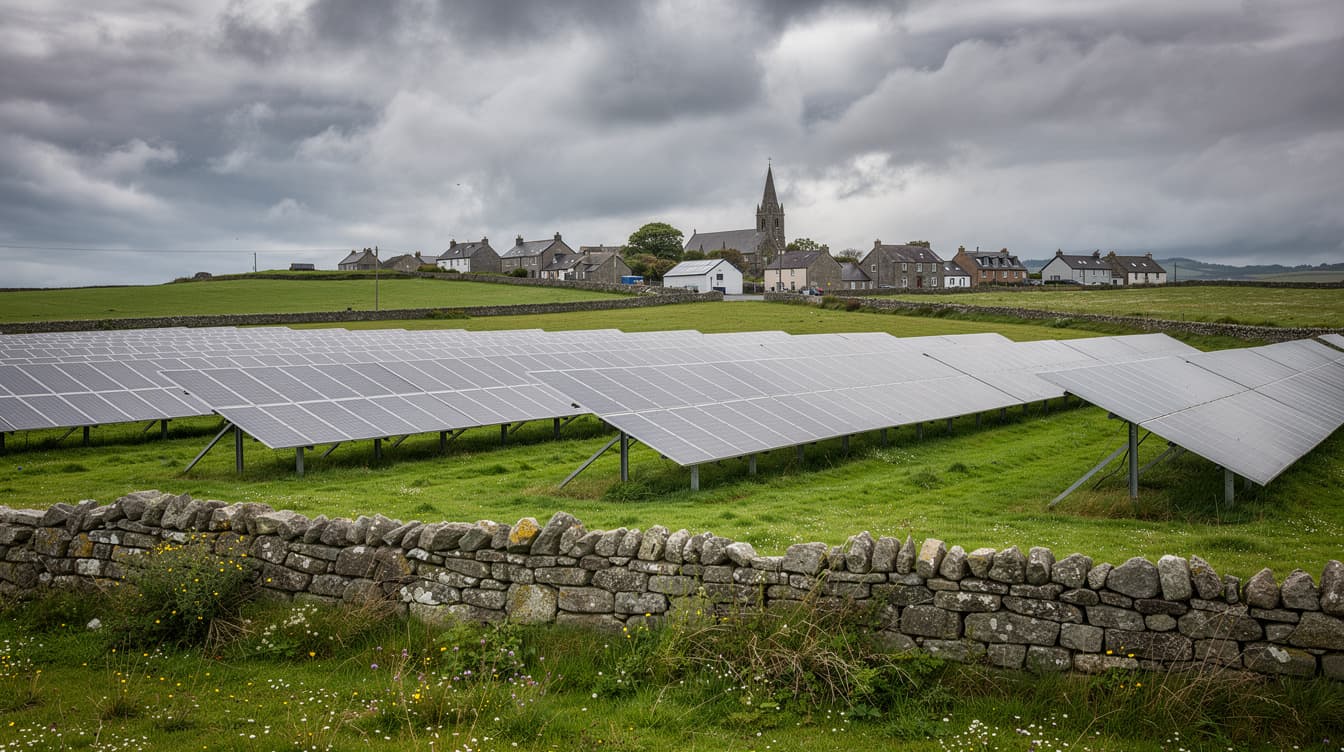 Community solar farm in rural Ireland with village and church spire in background