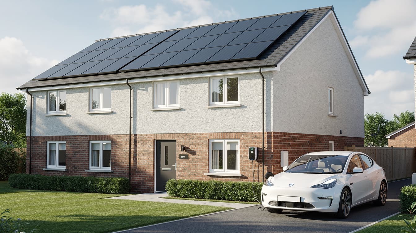 Semi-detached Drogheda Louth home with rooftop solar panels and an electric vehicle in the driveway, east-coast Irish setting under a partly cloudy sky