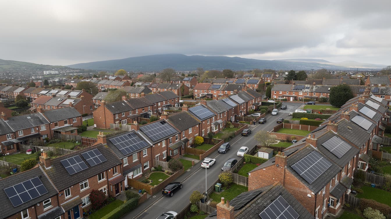 Aerial view of Dublin suburban neighbourhood with solar panels on rooftops and Dublin mountains in the distance