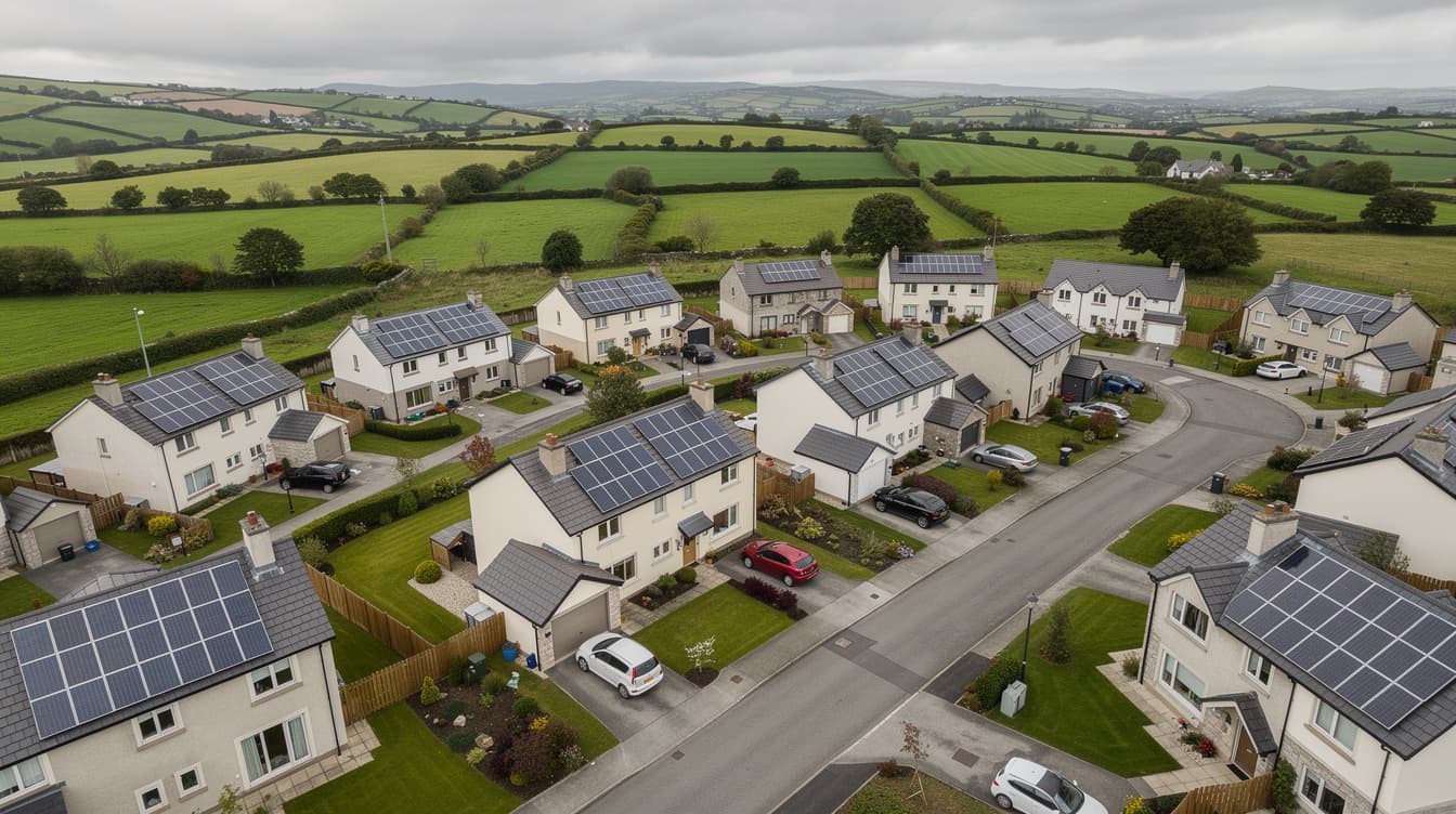Aerial view of Irish suburban houses with solar panels on rooftops and green countryside