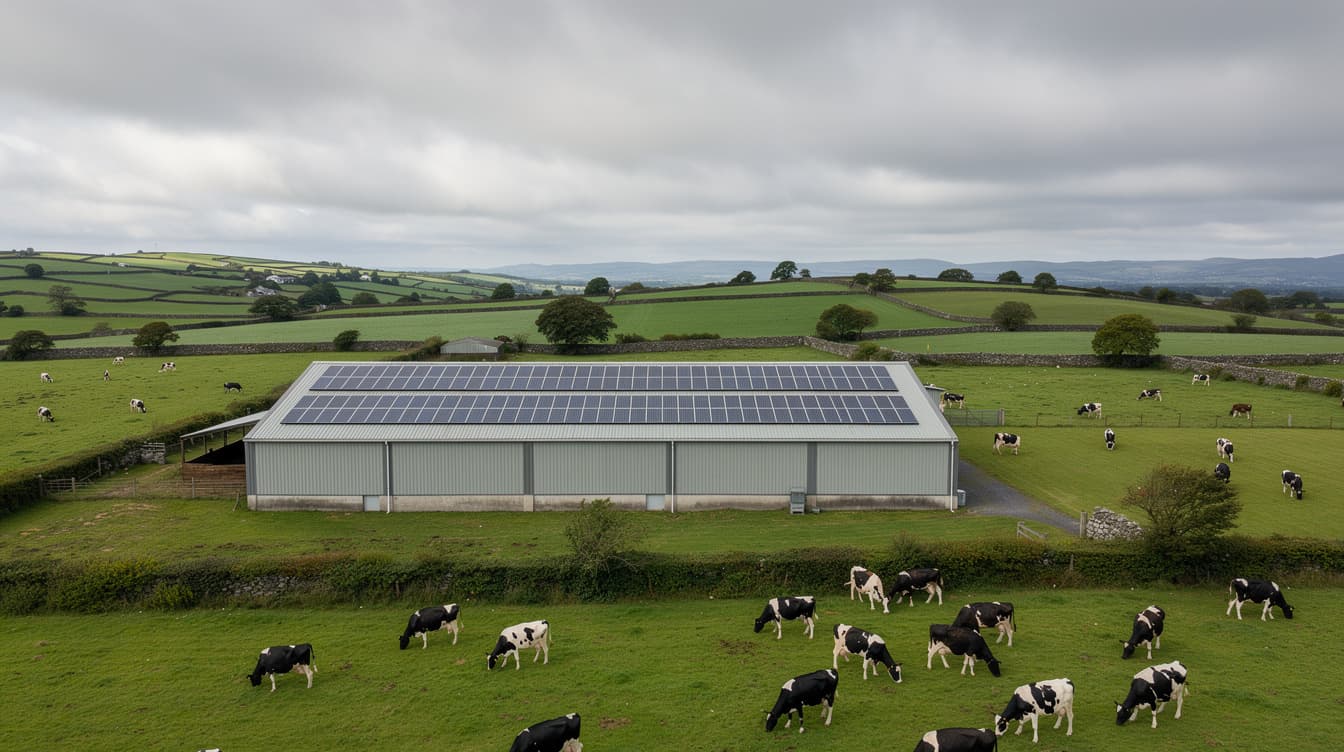 Aerial view of Irish farm with solar panels on shed roof and dairy cows grazing
