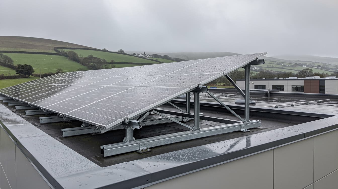 Solar panels on angled tilt frames on a flat roof with Irish countryside in background