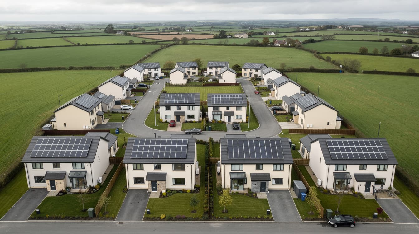 Aerial view of Irish housing estate with solar panels on every new build roof, green fields in background