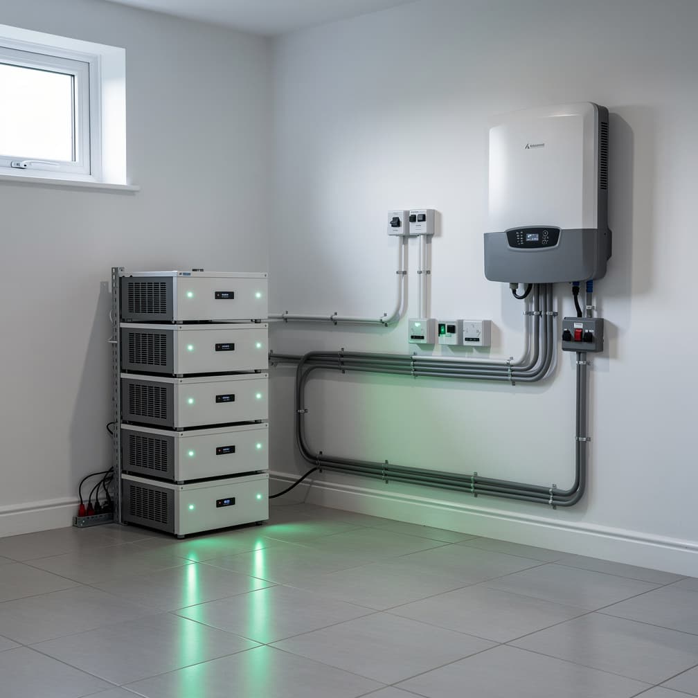Off-grid battery bank and inverter system in utility room