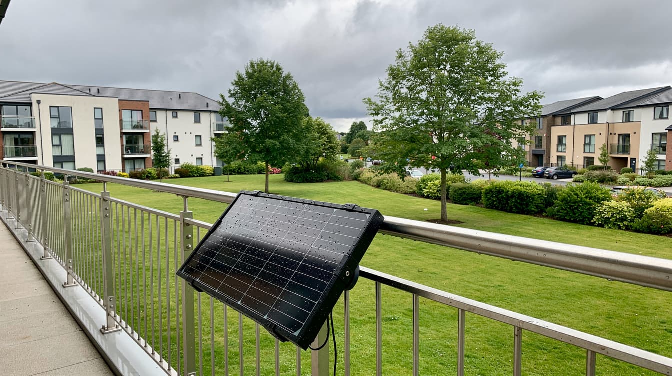 Small solar panel attached to apartment balcony railing in Ireland
