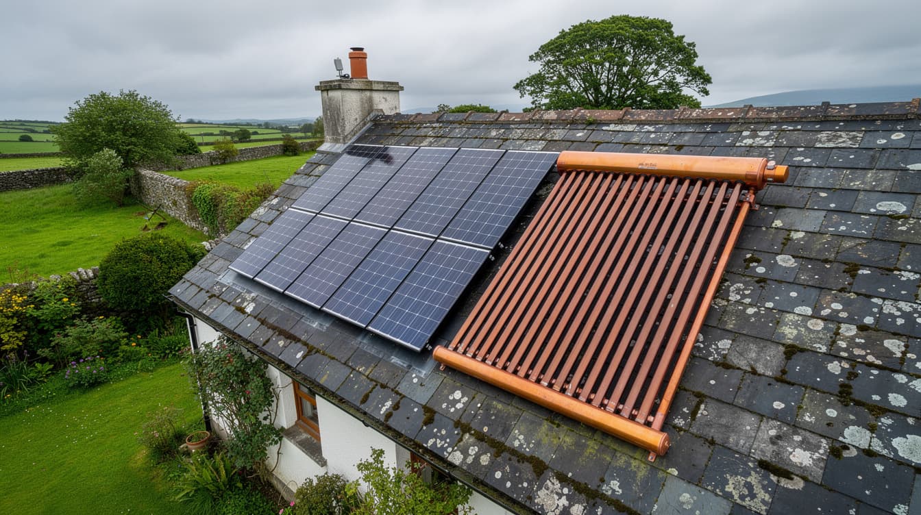 Irish house roof showing both solar PV panels and solar thermal evacuated tube collectors side by side