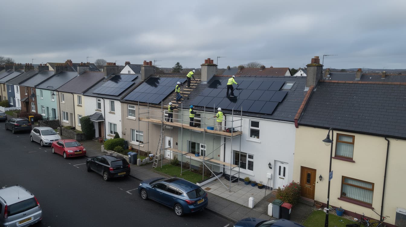 Aerial view of Irish terraced rental houses with solar panels being installed by workers in hi-vis jackets