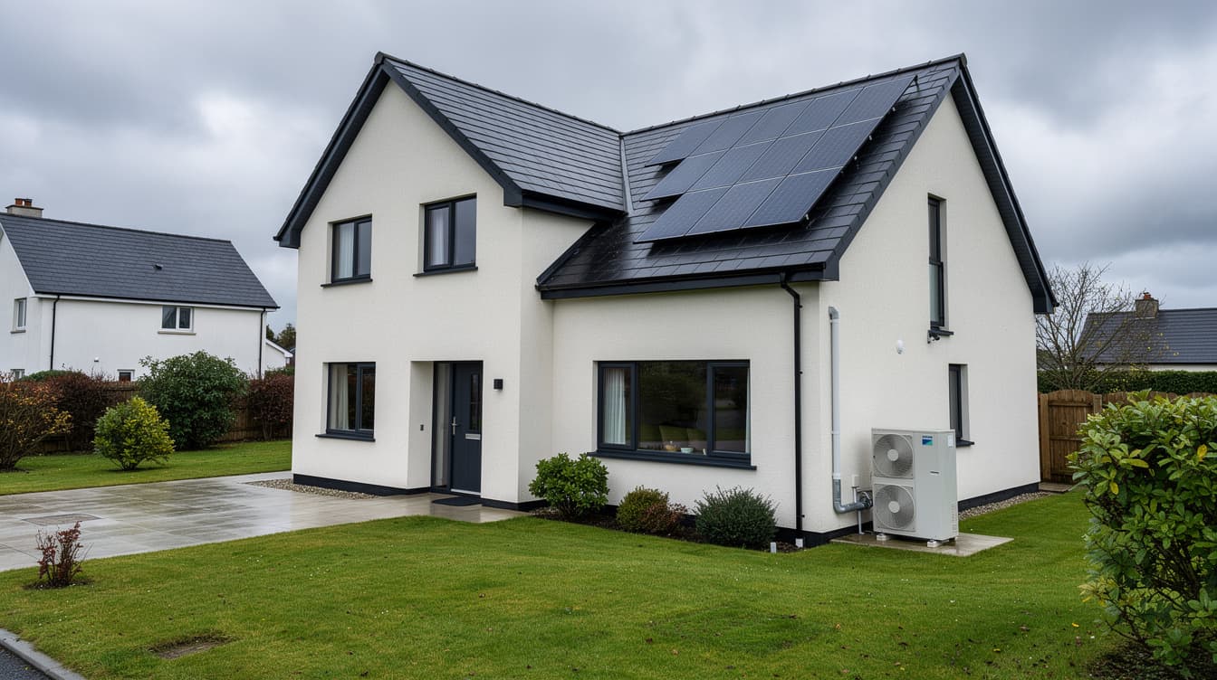 Irish house with solar panels on the roof and an air-to-water heat pump unit on the side