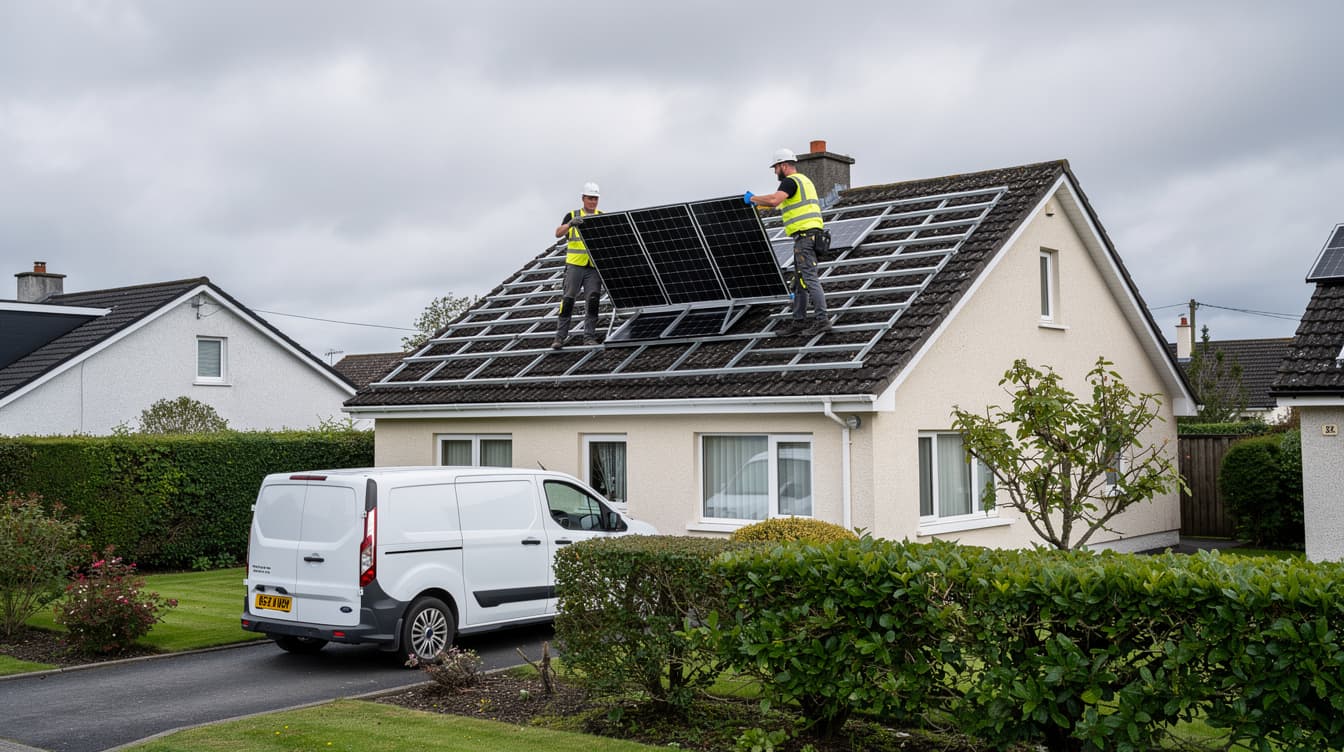 Two installers in hi-vis vests lifting a solar panel onto an Irish house roof with white van below
