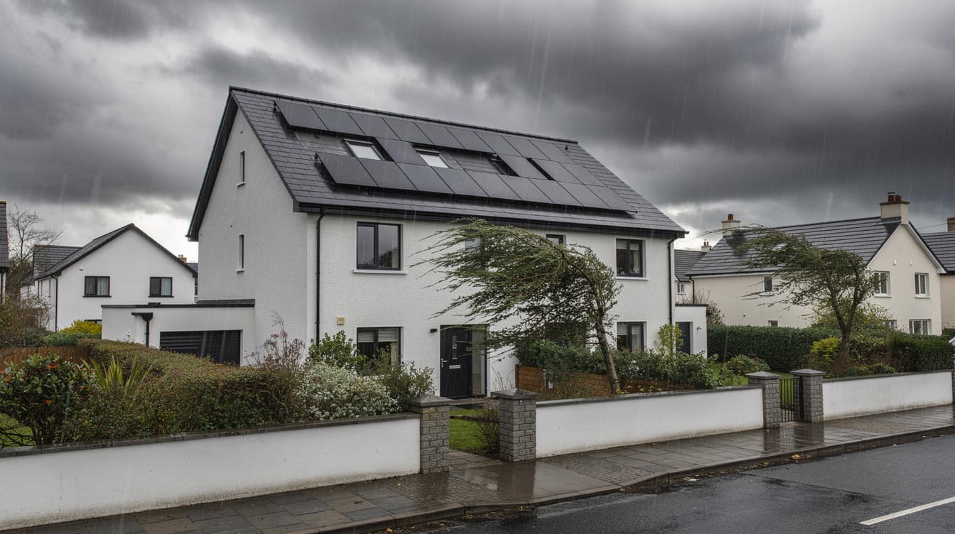 Irish house with solar panels on roof during a storm with dramatic grey clouds