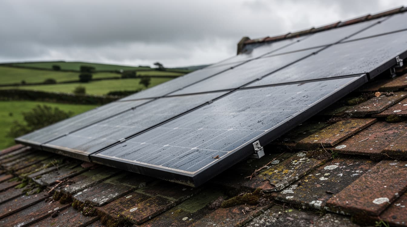 Weathered solar panels on Irish cottage roof with green hills in background