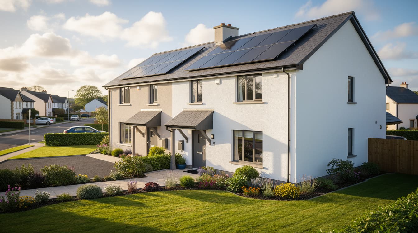 Irish semi-detached house with solar panels on roof in suburban estate