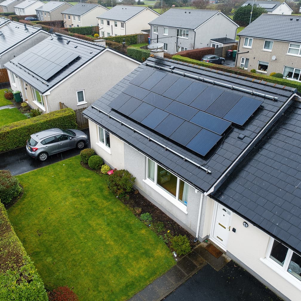 Solar panels installed on a typical Irish semi-detached house with green garden