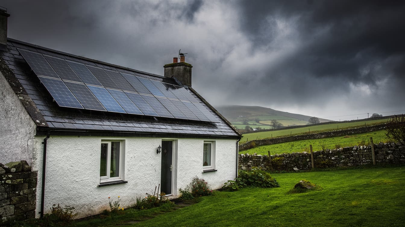 Solar panels on Irish cottage roof during stormy weather with dark clouds
