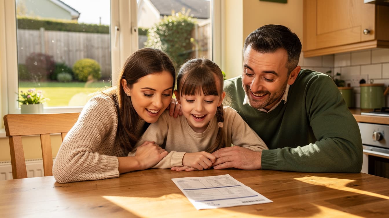 Irish family reviewing their reduced electricity bill at the kitchen table