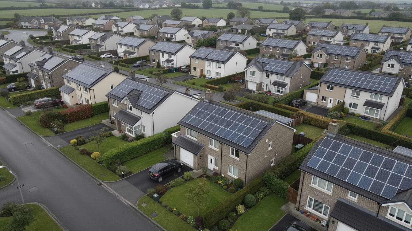Aerial view of Irish housing estate with solar panels on multiple rooftops