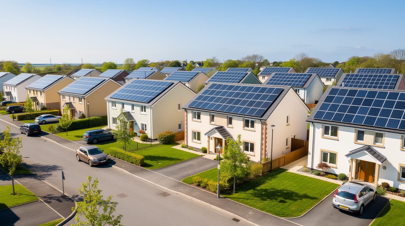 Aerial view of Irish housing estate with solar panels on every roof