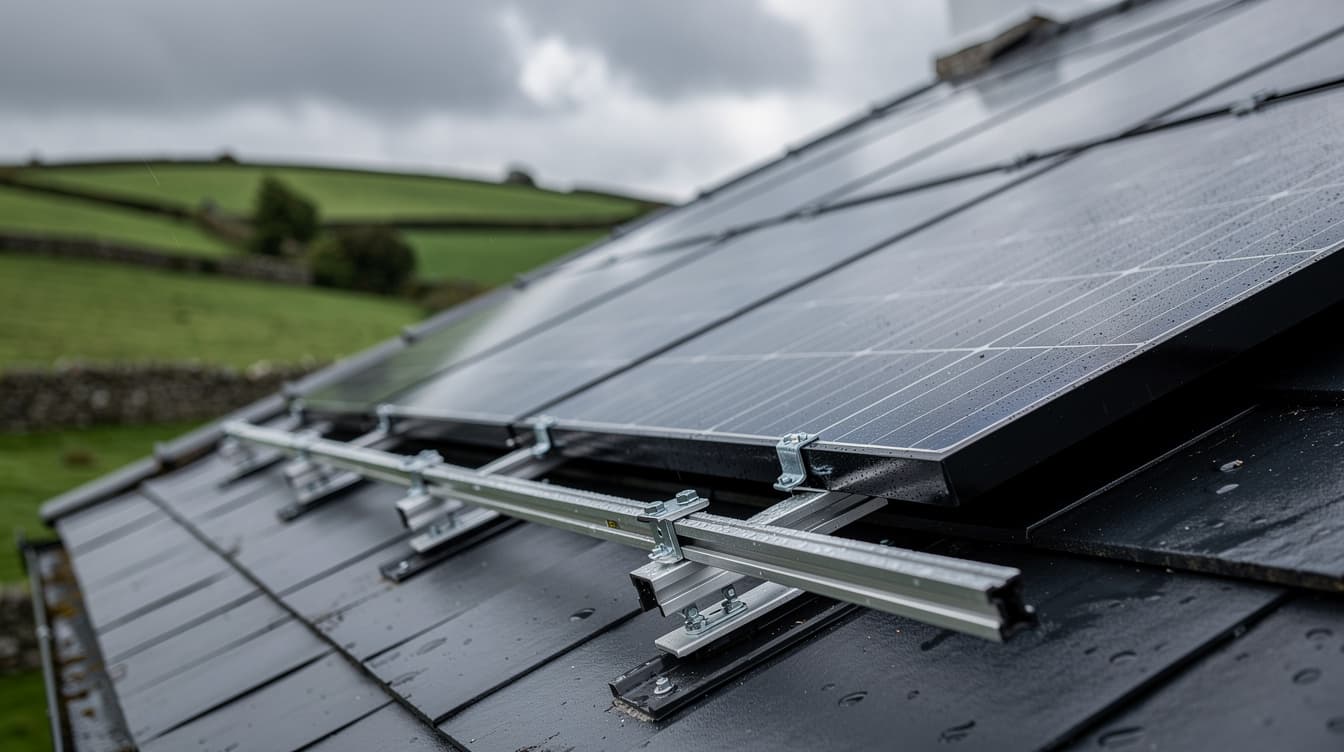 Close-up of solar panel mounting brackets on an Irish rooftop with green hills in background