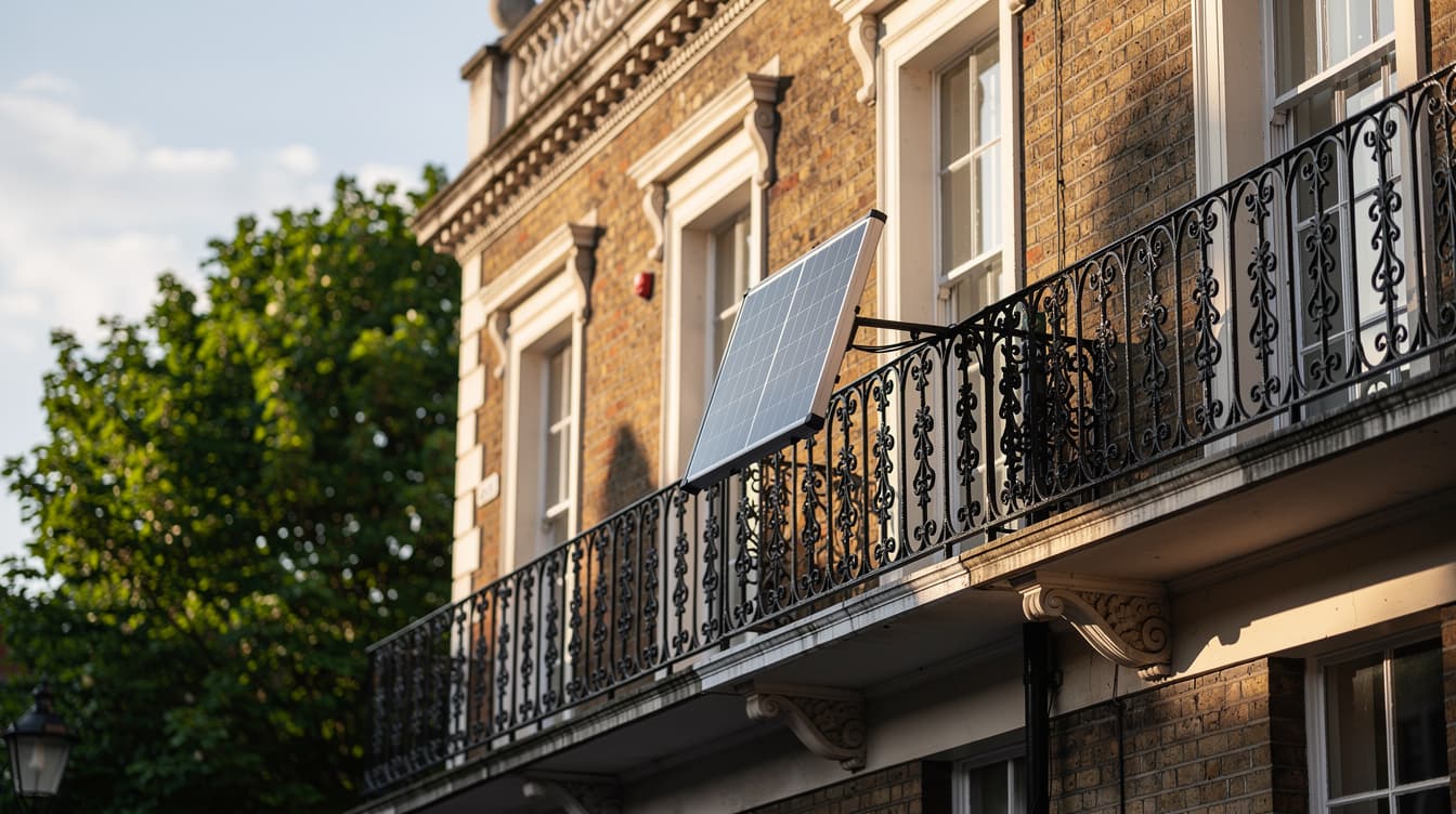 Solar panel mounted on a balcony railing of a Georgian-style Dublin apartment building