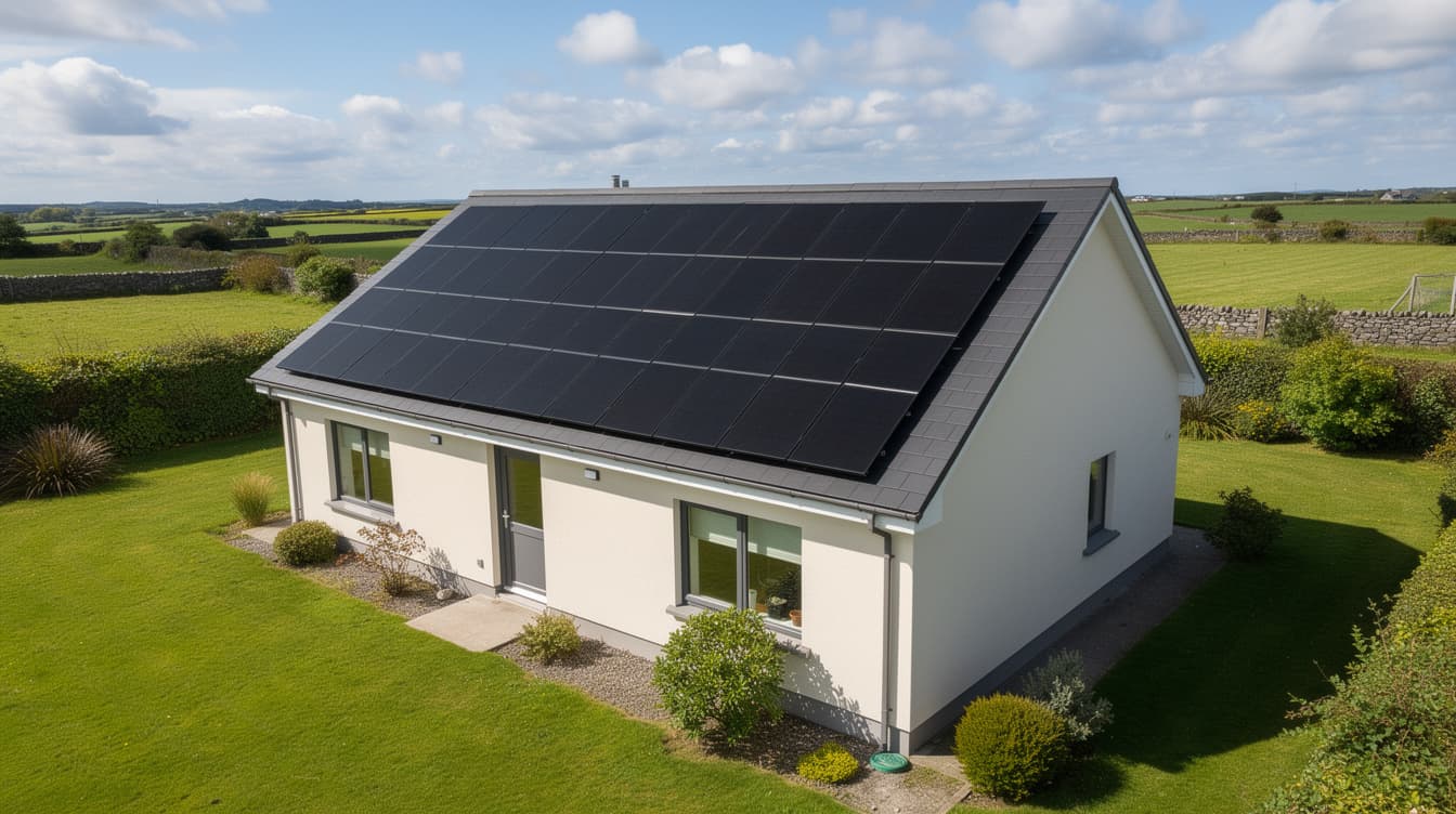 Large detached Irish house with extensive solar panel array covering the south-facing roof, green countryside