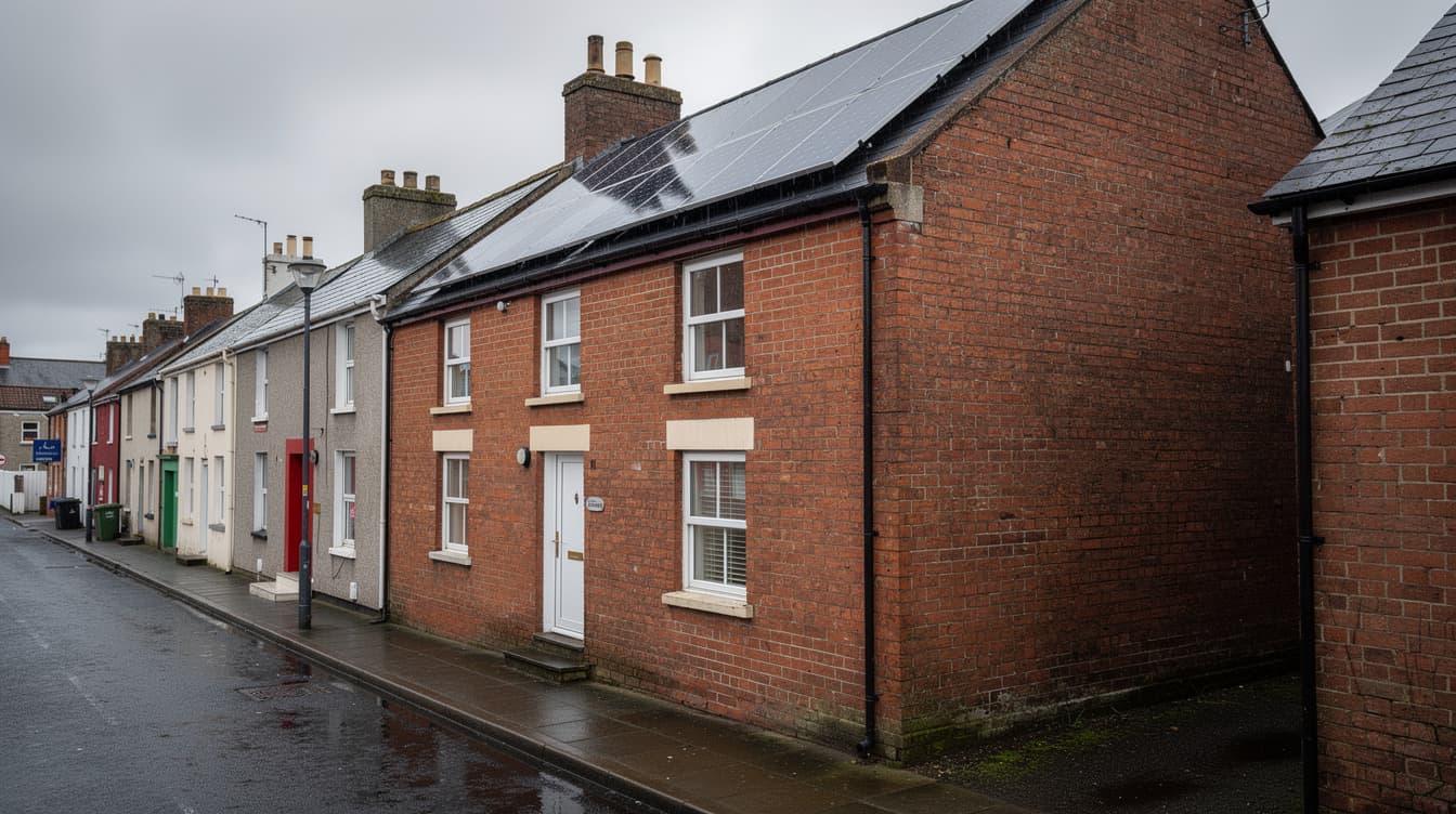 Small Irish terraced house with solar panels on roof in urban street