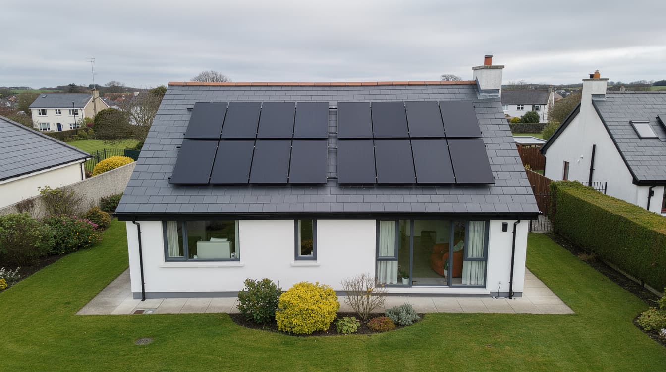 Aerial view of 12 solar panels on a modern Irish family home roof