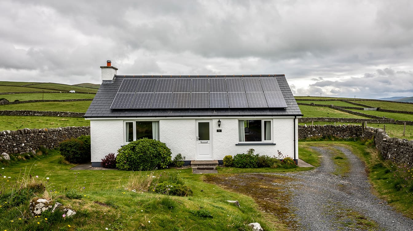 Irish countryside bungalow with solar panels installed on slate roof, green fields and stone walls