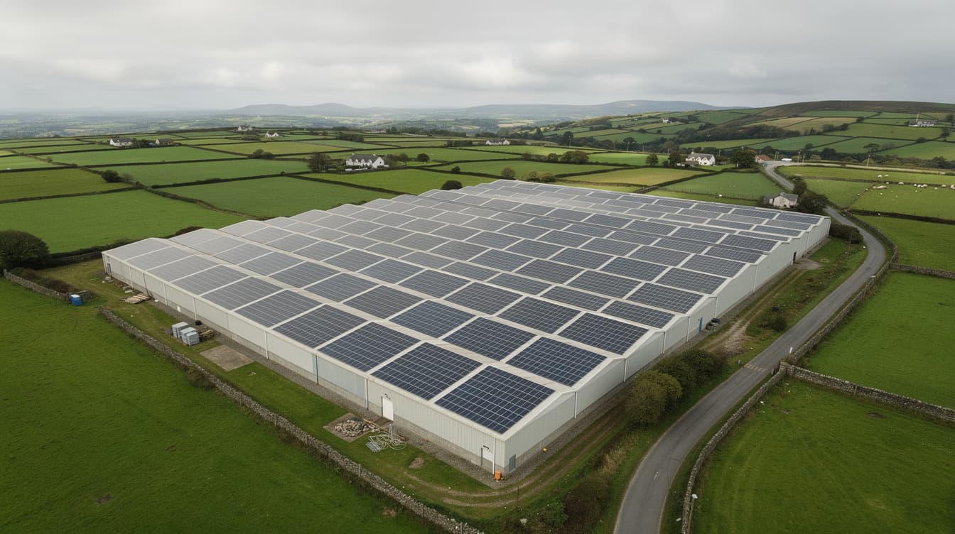 Aerial view of solar panels covering a large industrial warehouse roof in rural Ireland surrounded by green fields