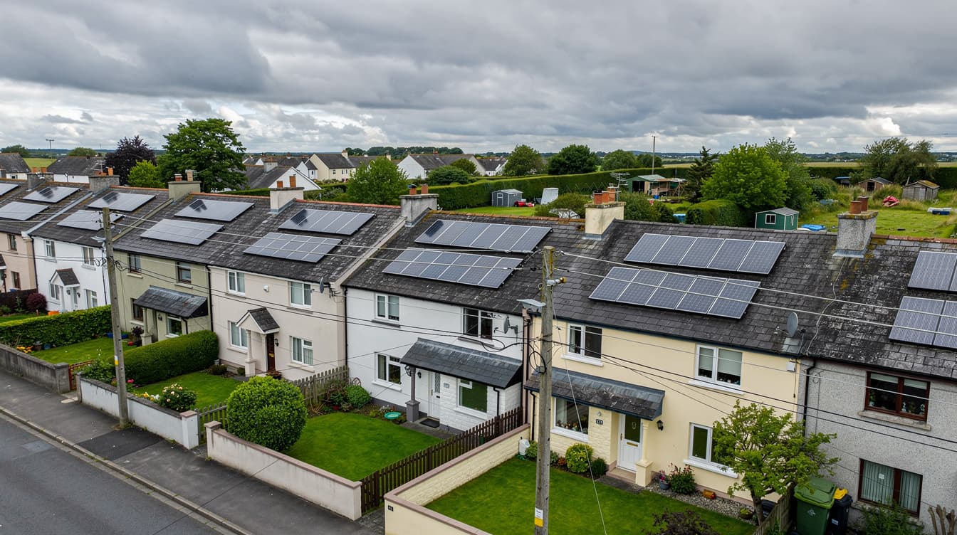 Aerial view of Irish houses with solar panels connected to the electricity grid