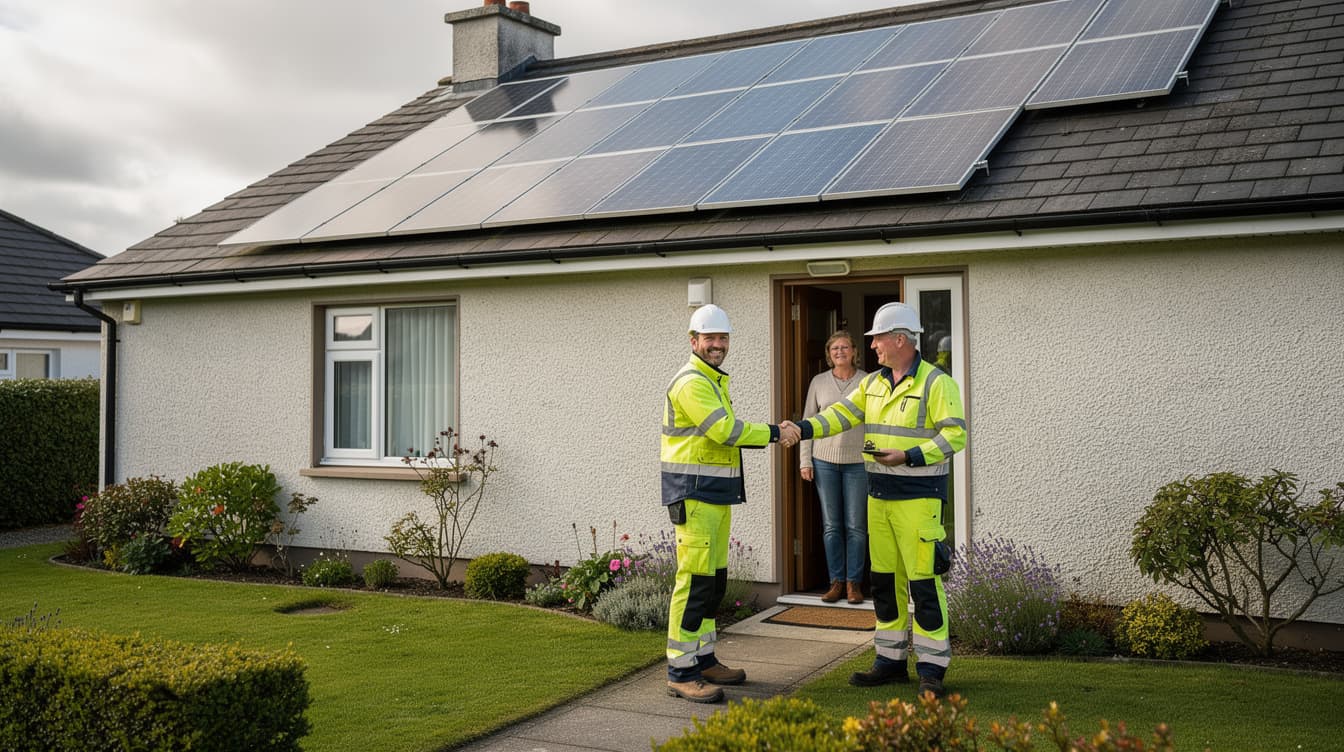 Solar installers meeting homeowner outside Irish house with solar panels on roof