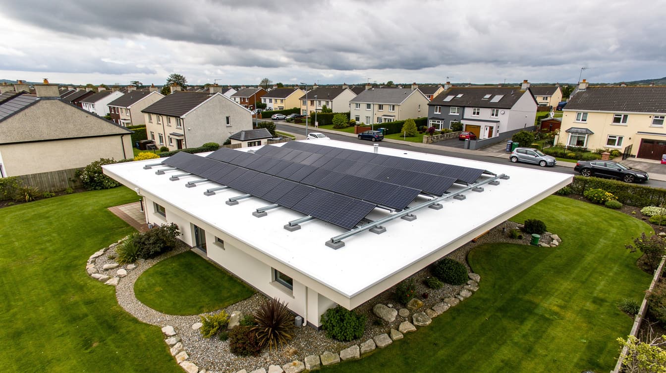 Aerial view of solar panels installed on a flat white roof of an Irish house extension with green garden and suburban neighbourhood