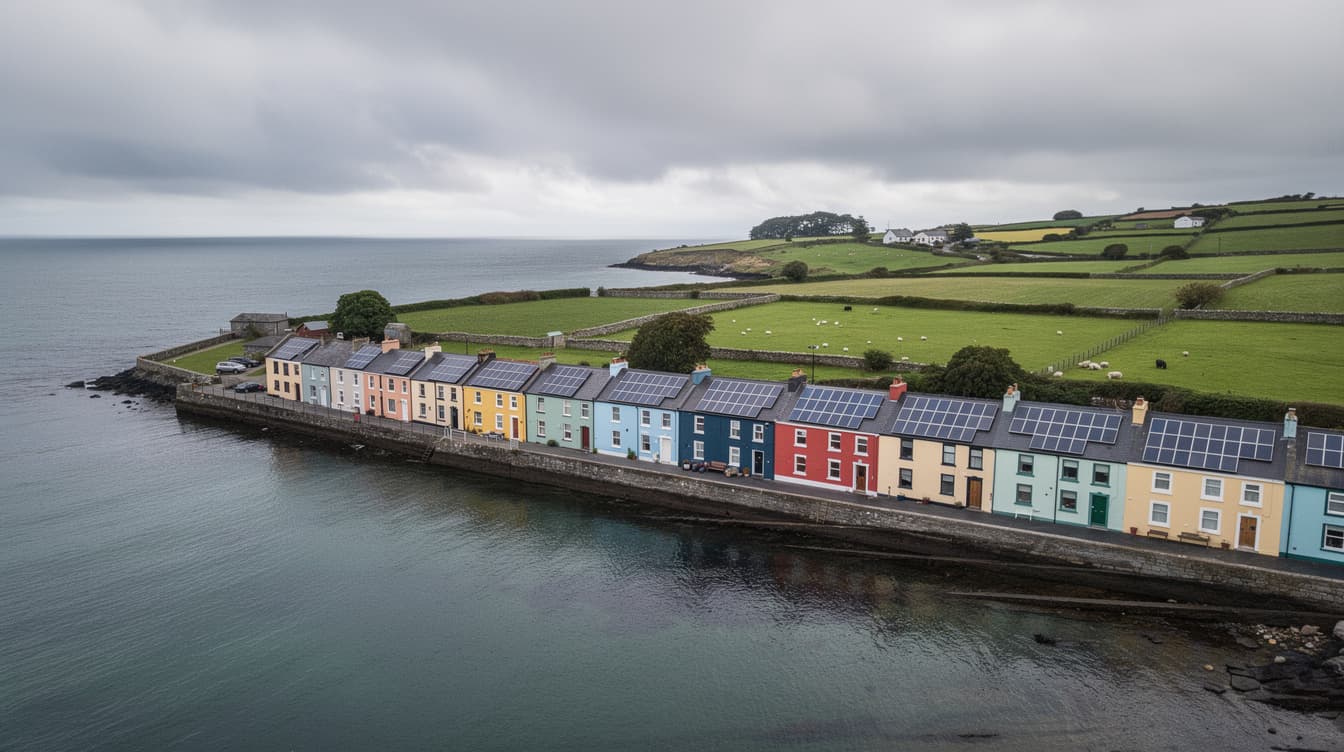 Aerial view of colourful coastal houses in Galway with solar panels on rooftops and green fields in background