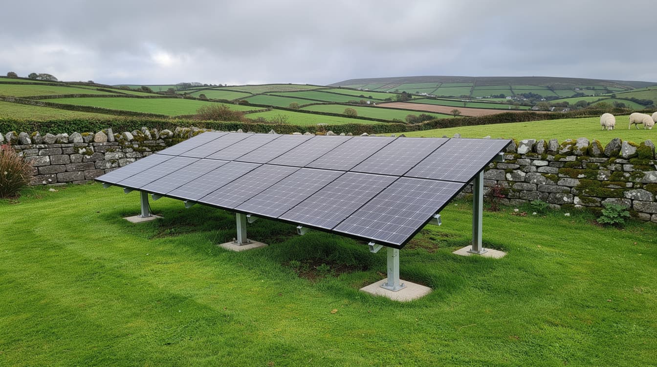 Ground-mounted solar panel array in Irish rural garden with stone wall and green fields