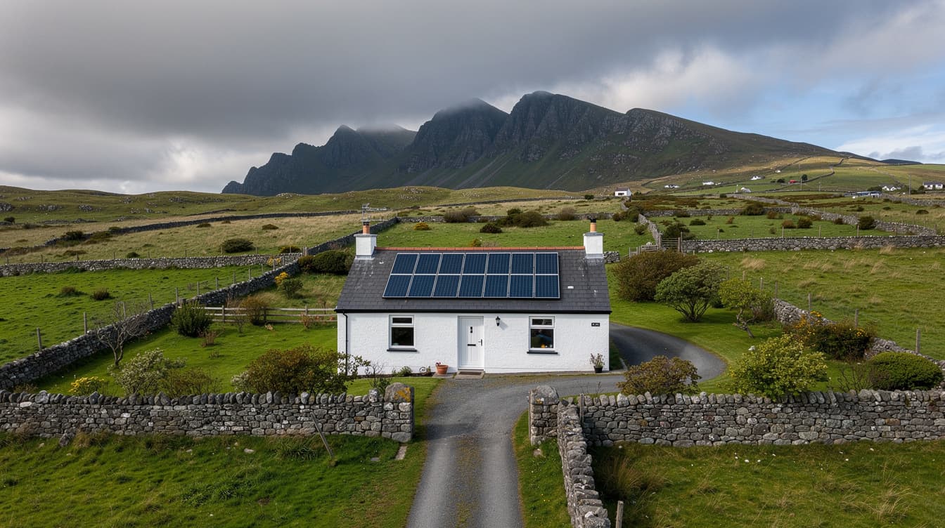 Traditional Irish cottage in Kerry countryside with solar panels on slate roof, green hills and mountains in background