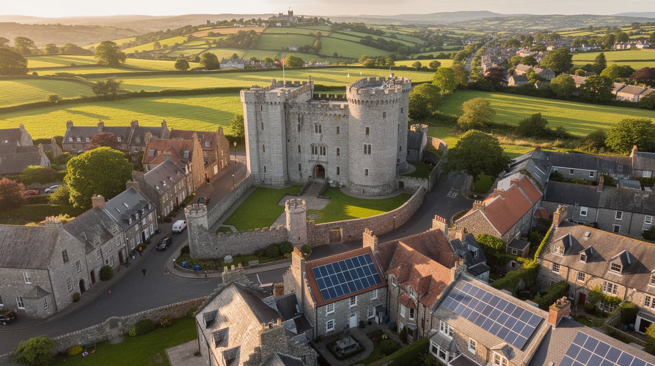 Aerial view of Kilkenny with solar panels on residential rooftops and green countryside