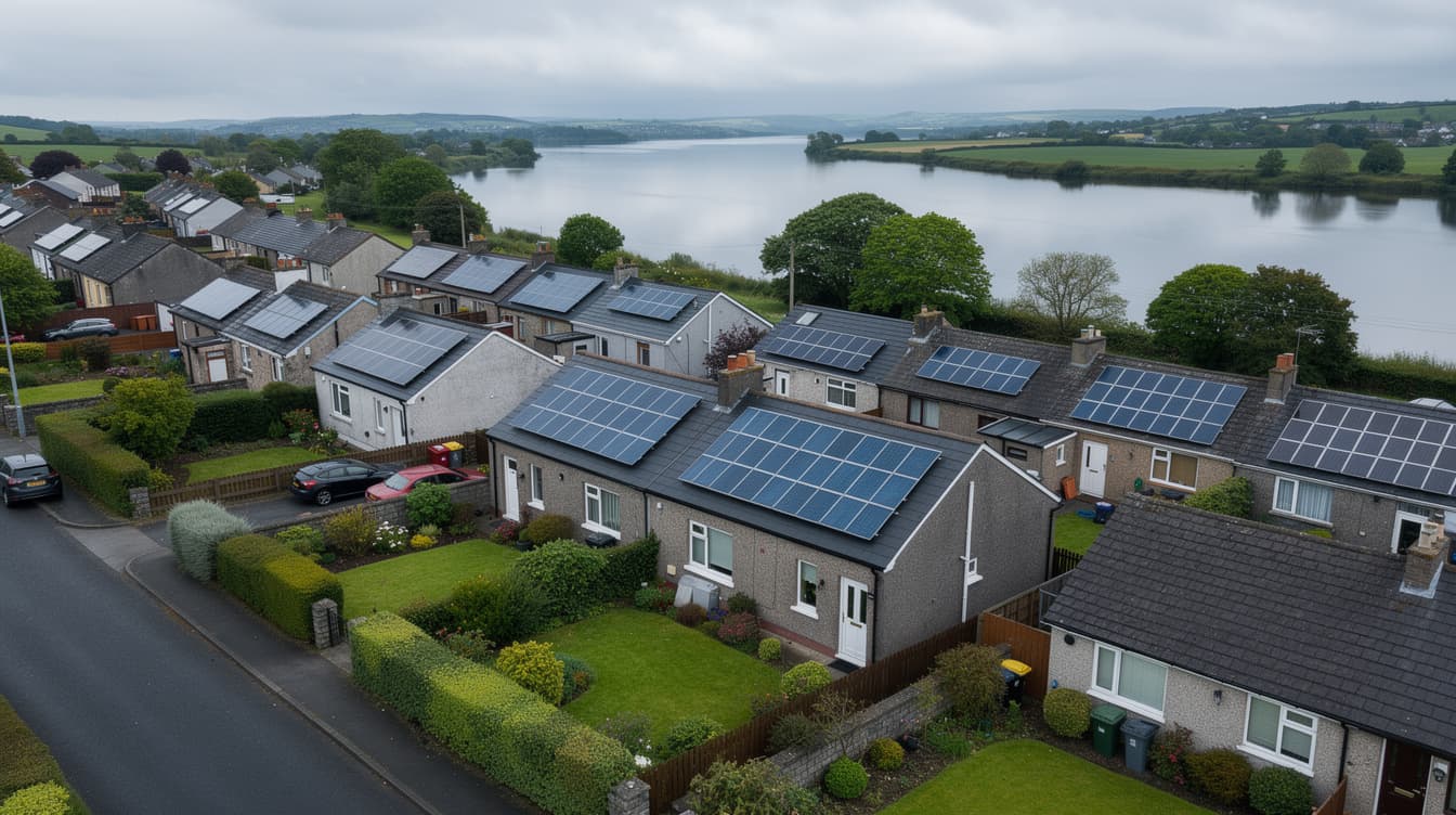 Aerial view of residential houses with solar panels in Limerick Ireland with the River Shannon in the background