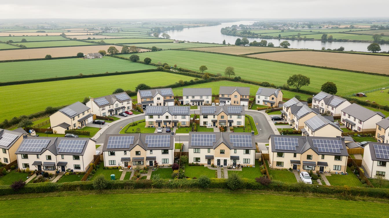 Aerial view of Meath housing estate with solar panels on every roof, green farmland and river in background