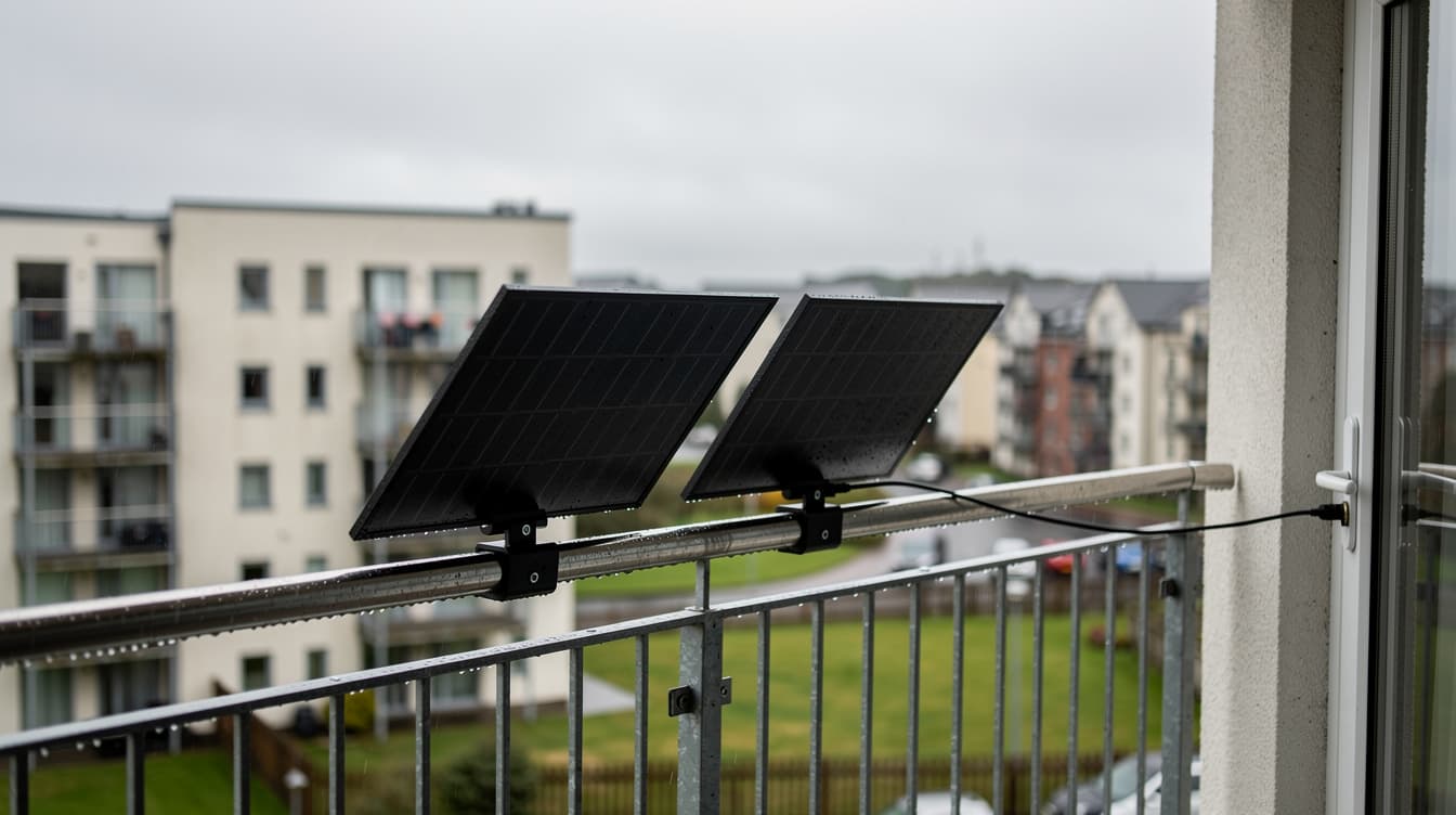 Plug-in solar panels mounted on apartment balcony railing in Ireland