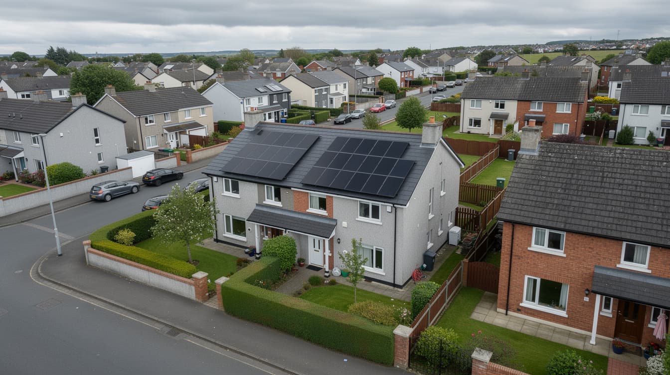 Aerial view of Irish semi-detached house with solar panels on roof in housing estate