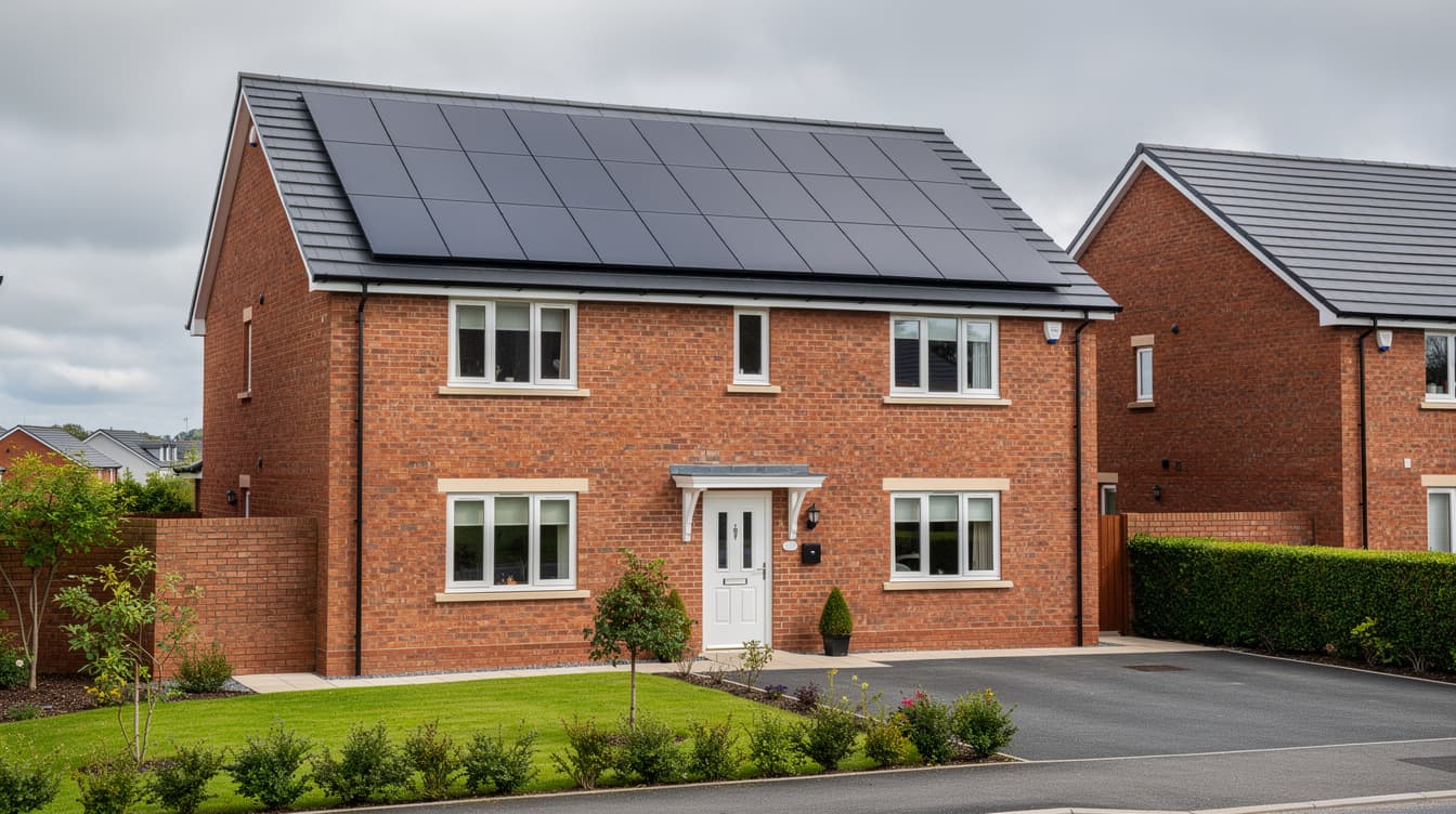 Irish red-brick 3-bed semi-detached house with black solar panels on roof in suburban estate