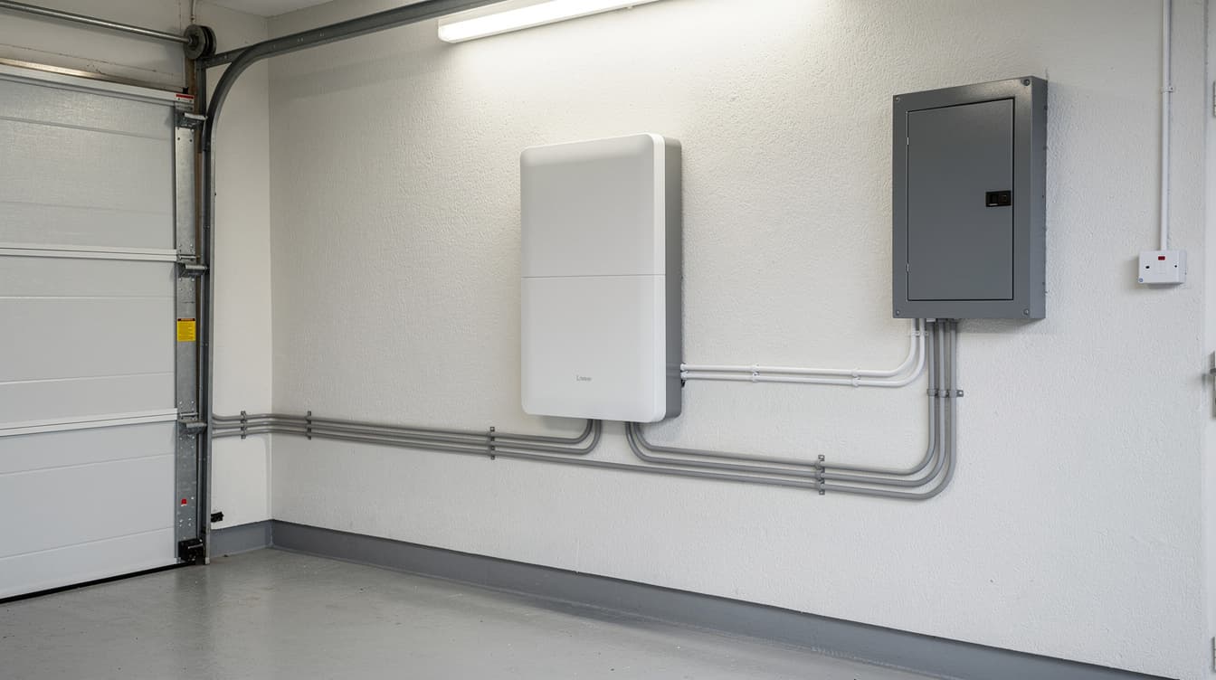 Solar battery storage unit wall-mounted in an Irish home garage next to an electrical panel