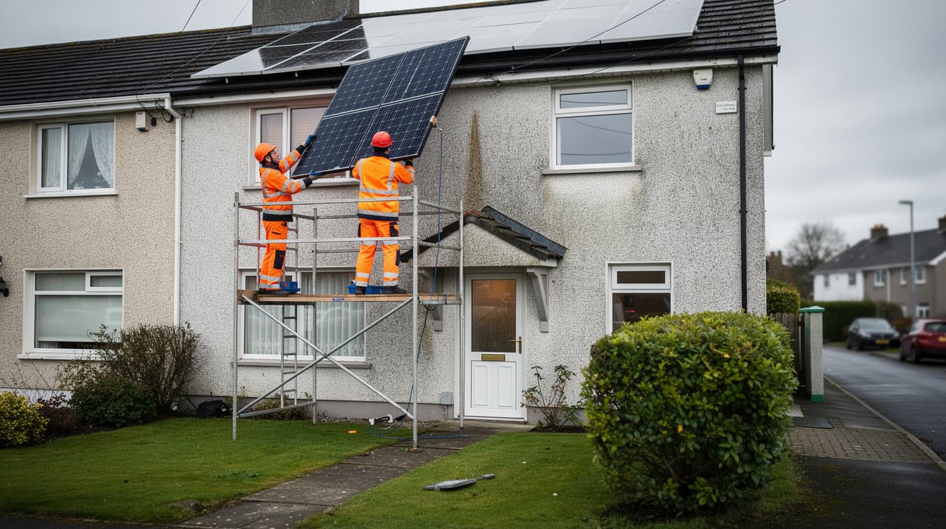 Solar panel installers carrying a panel up scaffolding on an Irish house