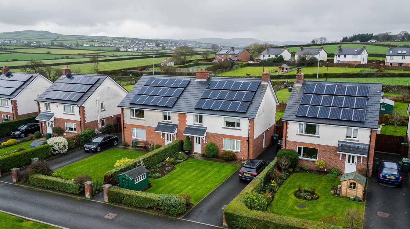 Aerial view of Irish semi-detached houses with solar panels on rooftops
