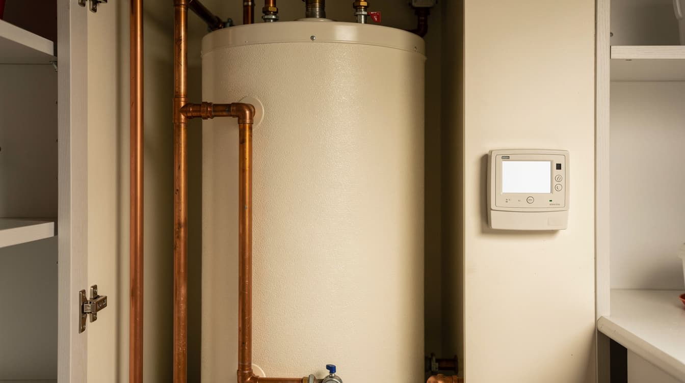 Hot water cylinder with controller unit in an Irish utility room