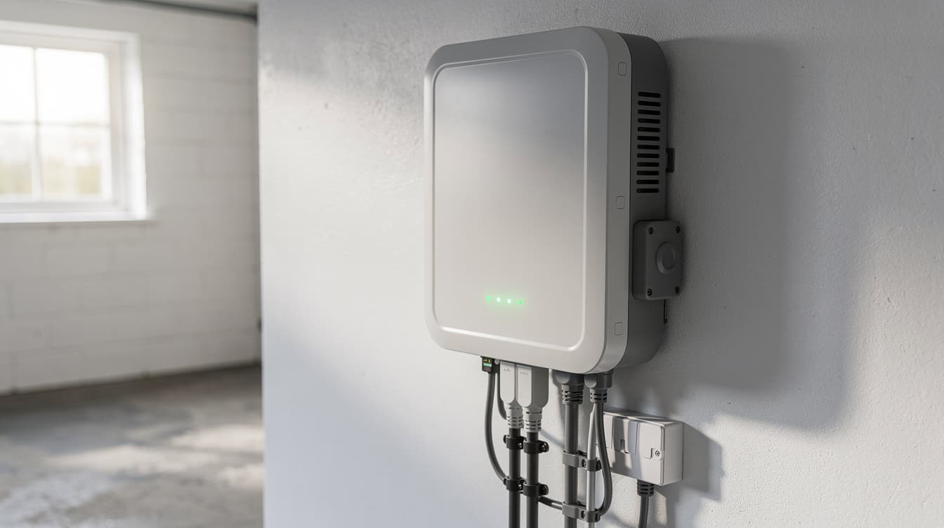 Solar inverter mounted on wall with green status lights indicating normal operation